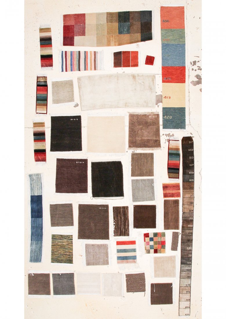 37 Palette Sampler Rugs: 37 Palette Sampler Rugs. Ranging in size from 5" x 5" (13 x 13 cm) to 1'1" x 5'4" (33 x 163 cm).