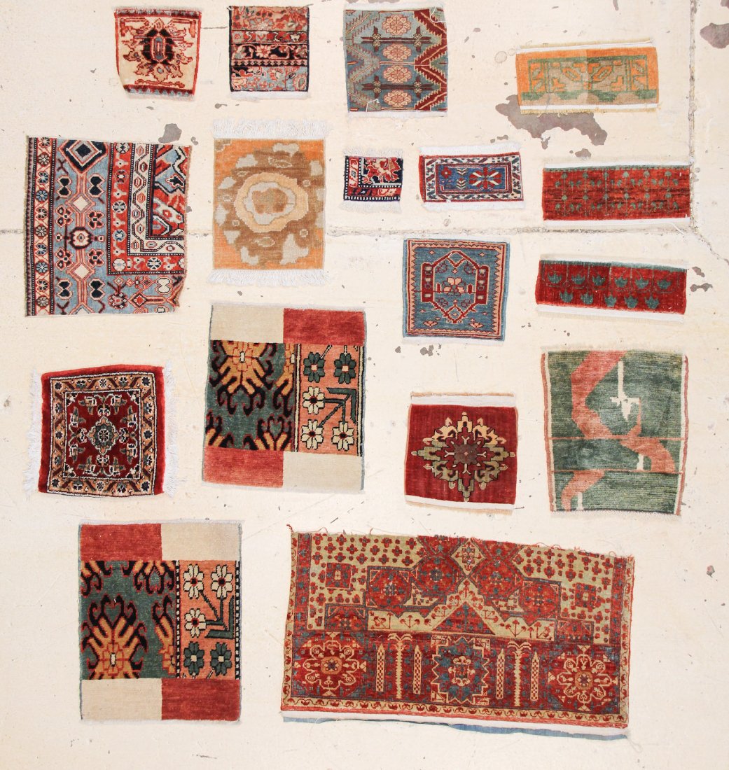 17 Sampler "Wagireh" Rugs: 17 Sampler "Wagireh" Rugs. These are not cut fragments, each one is finished on all sides. Ranging in size from 6" x 5" (15 x 13 cm) to 1'8" x 3'2" (51 x 97 cm).