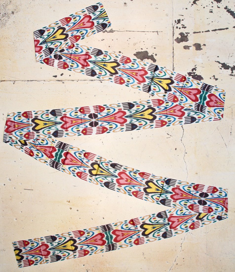 Central Asian Silk Ikat Panel: 1'4" x 34'7" (41 x 1054: Central Asian Silk Ikat Panel, Uzbekistan, clean, perfect condition. Size: 1'4" x 34'7" (41 x 1054 cm).