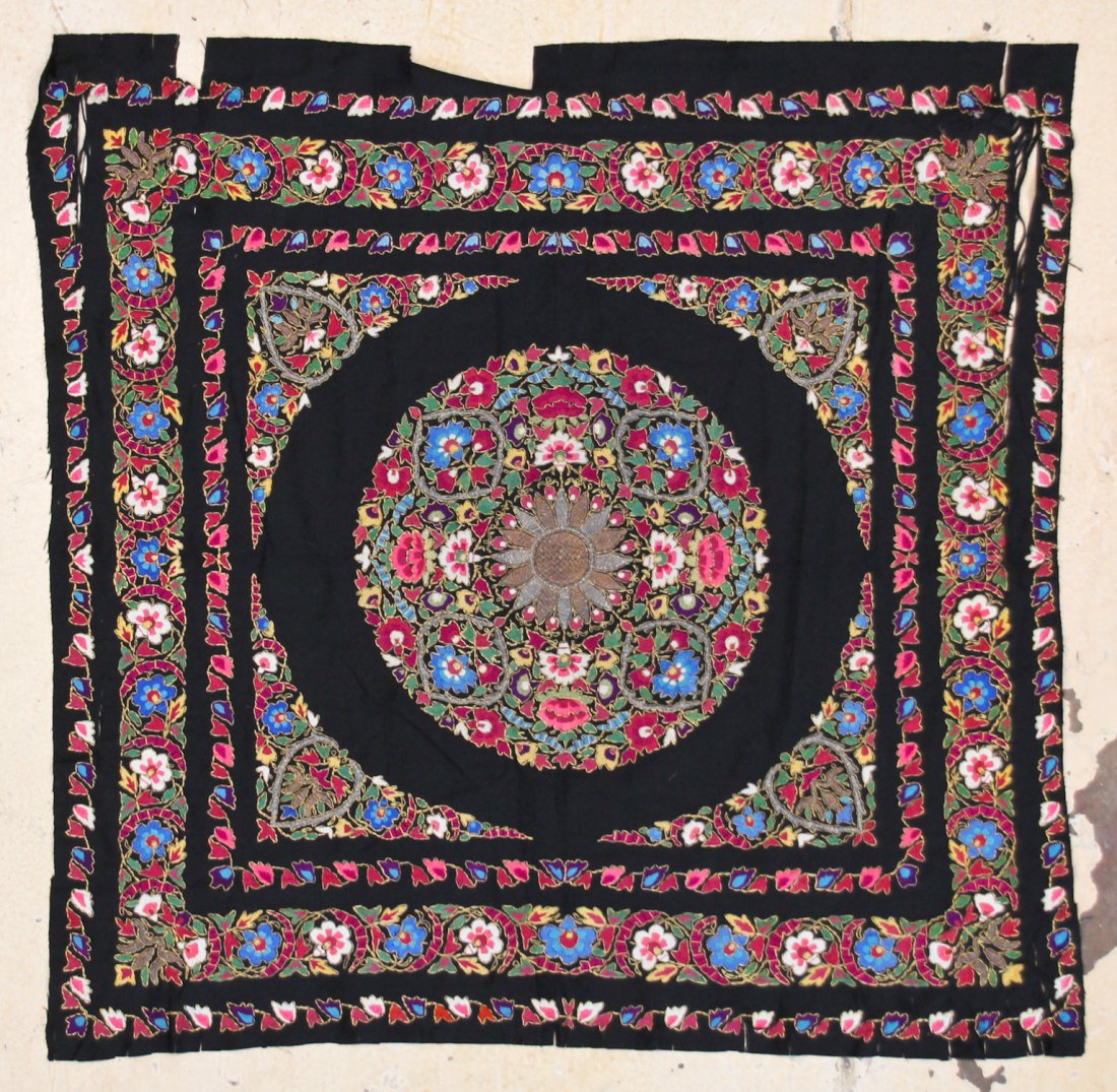 Antique Central Asian Embroidery: 3'9" x 3'10" (114 x: Antique Central Asian Embroidery, silk floss embroidery, circa 1900, losses. Size: 3'9" x 3'10" (114 x 117 cm).
