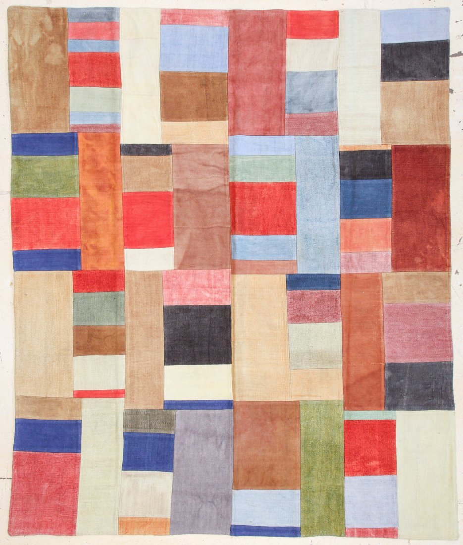 Modernist Geometric Rug: 7'8" x 9'3" (234 x 282 cm): Modernist Geometric Rug, Turkey, composed of recycled vintage and antique kilims; applied backing. Size: 7'8" x 9'3" (234 x 282 cm).