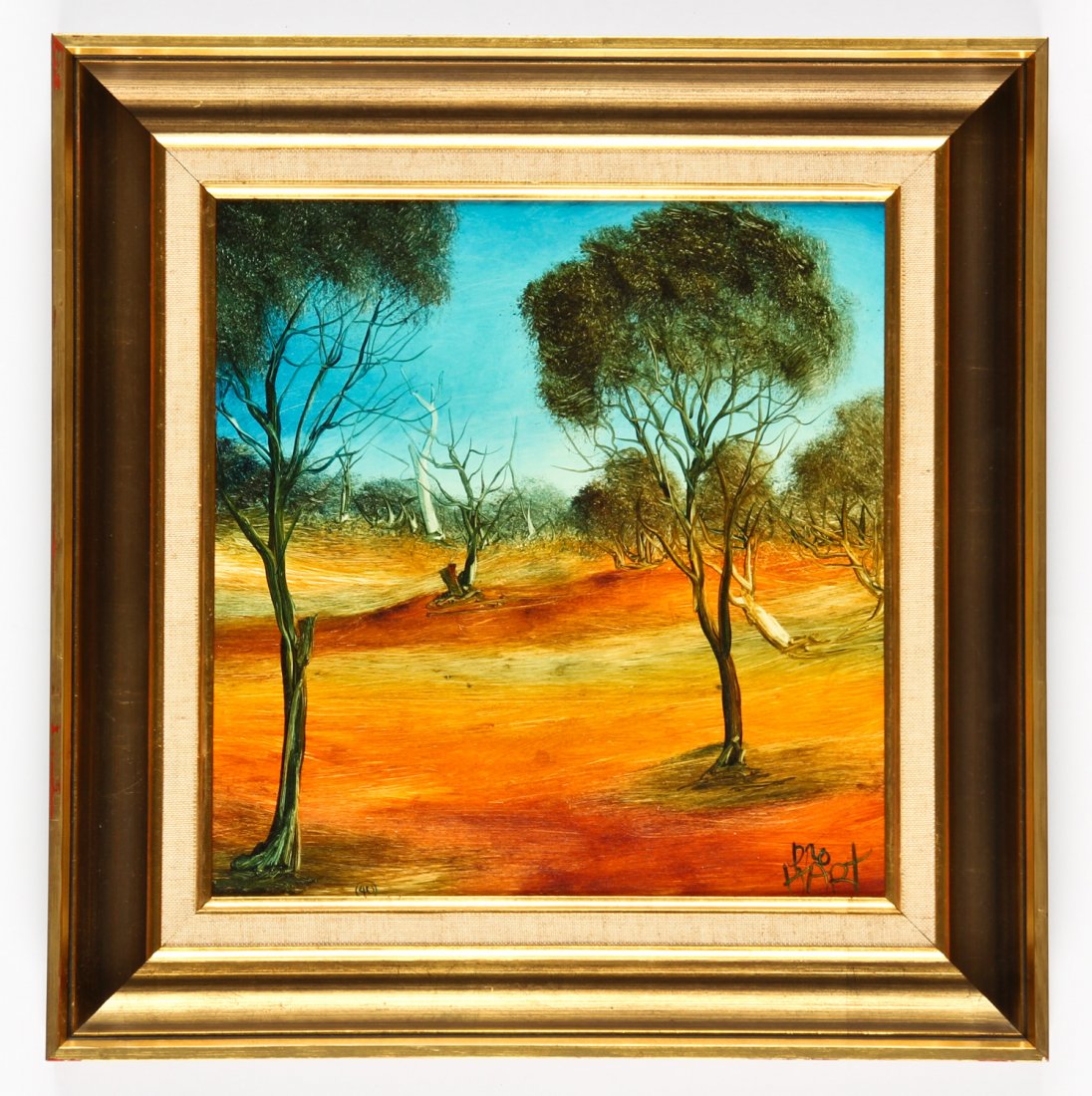 Kevin Charles Pro Hart (Australian, 1928-2006): Kevin Charles Pro Hart (Australian, 1928-2006) Untitled, Landscape, oil painting on masonite. Size: 12.25" x 12", 31 x 30 cm (board), 17" x 16.5" (43 x 42 cm).