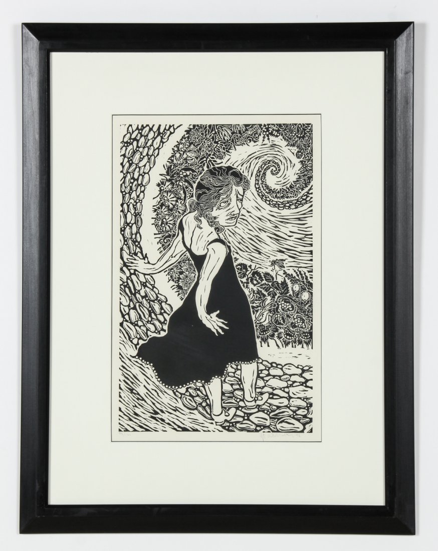 Judith Schaechter (Philadelphia, b.1961) Swan Dive: Judith Schaechter (Philadelphia, b.1961) Swan Dive, linoleum block print, 1996, from and edition of 100. Framed. Size: 20" x 13", 51 x 33 cm (sight), 31" x 24", 79 x 61 cm (frame).