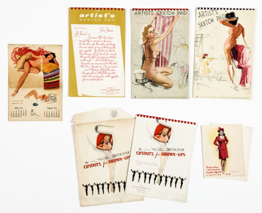 6 pc Vintage Pinup Collection: 6 pc Vintage Earl MacPherson, Ted Withers and Knute Munson Pinup Collection. Consisting of Artist's Sketch Pad Calendars and a MacPherson greeting card. Size: 14" x 9" (36 x 23 cm).