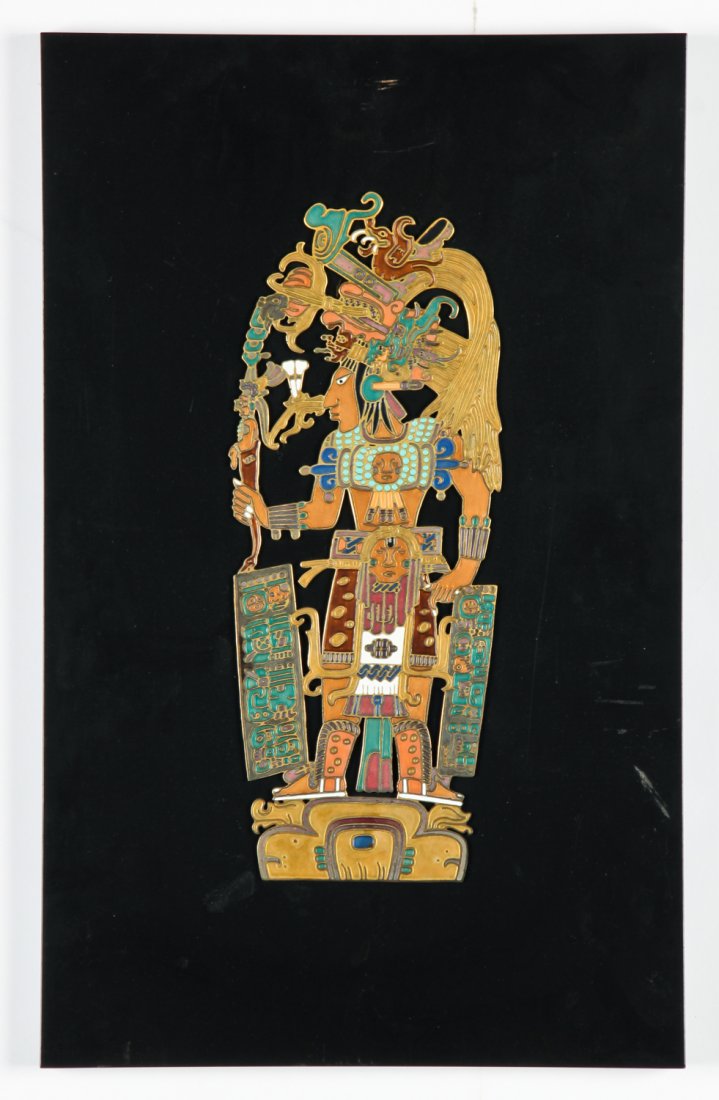 Miguel Pineda Enameled Plaque: Miguel Pineda Enameled Plaque. Mayan figure. Paper label affixed as well as signature placard on reverse. Size: 19" x 11.75", 48 x 30 cm (overall).
