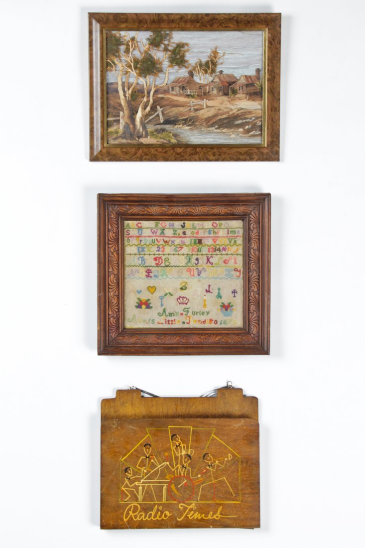Collection of Folk Art Works: Collection of Folk Art Works. Consisting of an Australian natural material landscape collage, an early sampler, and a vintage Radio Times wall pocket. Size, largest: 14" x 15" (36 x 38 cm).