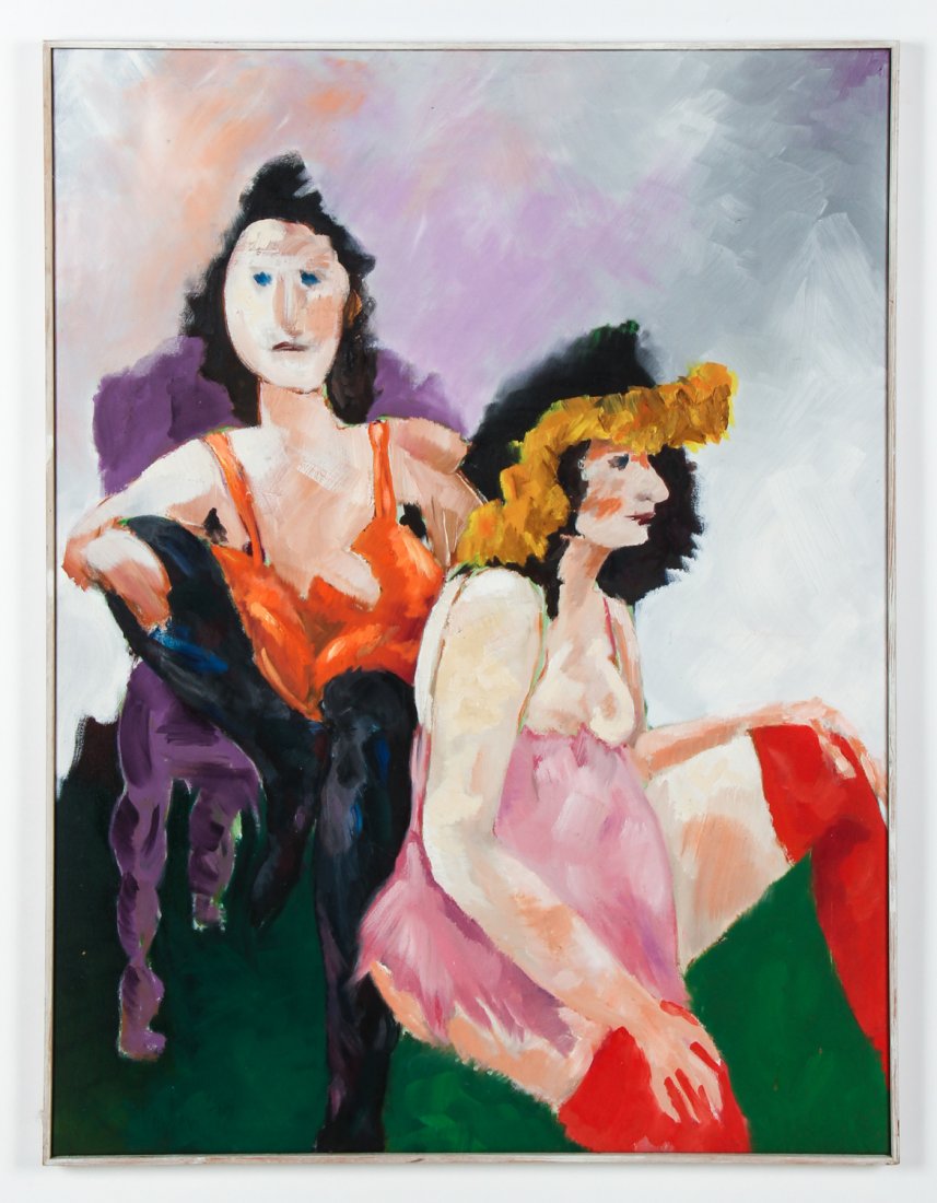 John Hayden (American, 20th c.): John Hayden (American, 20th c.) Two Ladies, painting. Size: 46.5" x 35.25", 118 x 90 cm (stretcher); 47" x 36", 119 x 91 cm (frame).