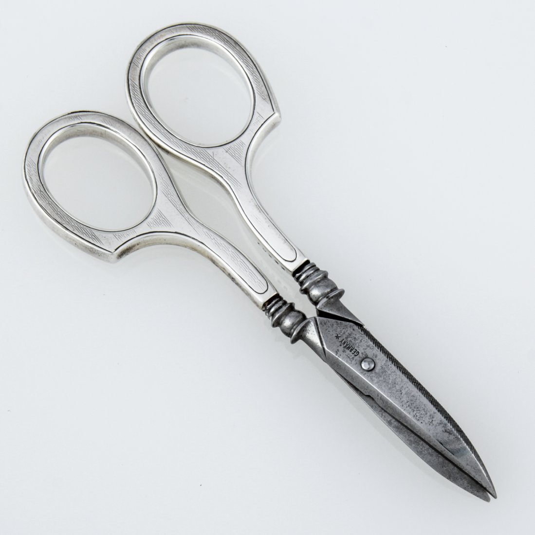 Sterling Sewing Scissors, Germany, Marked Sterling: Sterling Sewing Scissors. Germany. Marked Sterling R5207. Monogrammed MFK. 4"L (10 cm). Weight: 23.9 g.
