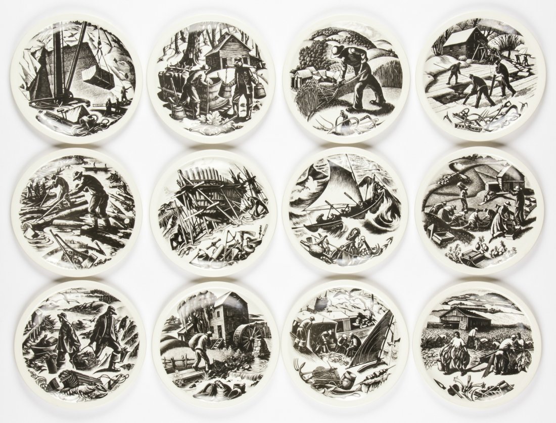 Collection of 12 Clare Leighton for Wedgwood Plates: Collection of 12 Clare Leighton for Wedgwood Plates. Highlighting New England Industries and featuring scenes from wood engravings by the artist. Scenes include Ice Cutting, Cranberrying, Tobacco Grow
