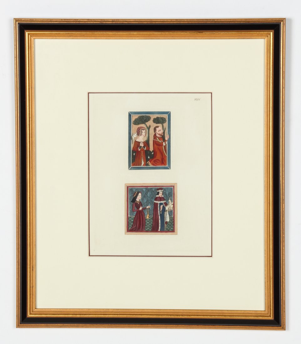 Joseph Strutt. Thomas Beauchamp- Earl of Warwick: Joseph Strutt. Early 19th C Hand Colored Engraving. Plate XLIV Thomas Beauchamp- Earl of Warwick and his wife Humfrey- Duke of Glocester; 4th son of Henry the Fourth and his wife. Framed. Archival 8-p