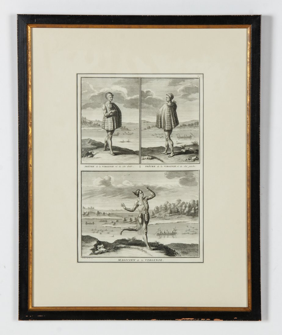 Framed Picart Engraving of Native Americans: Framed Picart Engraving of Native Americans(Virginie). Netherlands, 1721, Artist: Bernard Picart. Size: 13" x 8.5", 33 x 22 cm (sight); 20.75" x 16.5", 53 x 42 cm (frame).