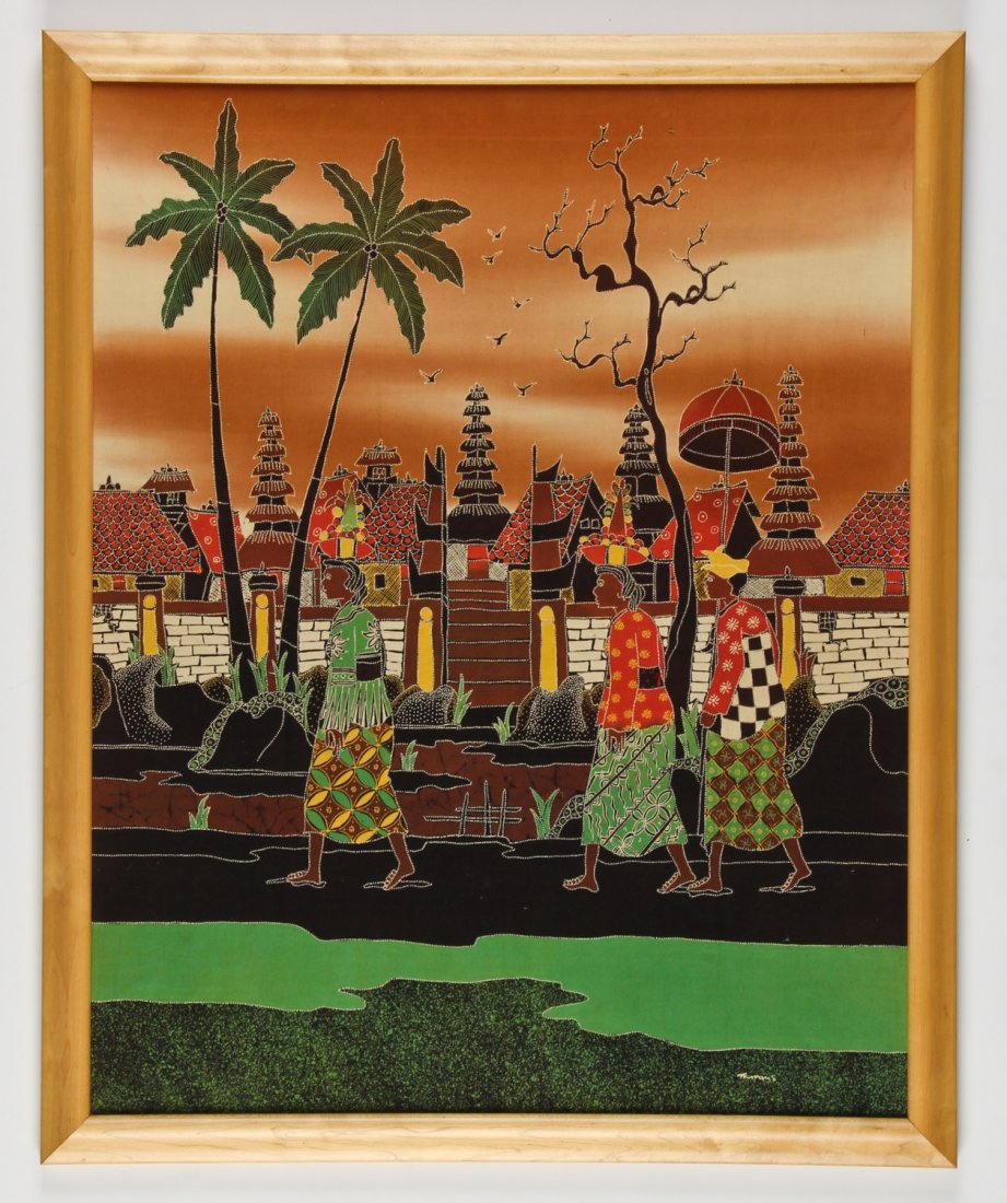 Contemporary Indonesian Batik: Contemporary Indonesian Batik, signed illegibly, framed. Size: 37" x 30", 94 x 76 cm (frame).