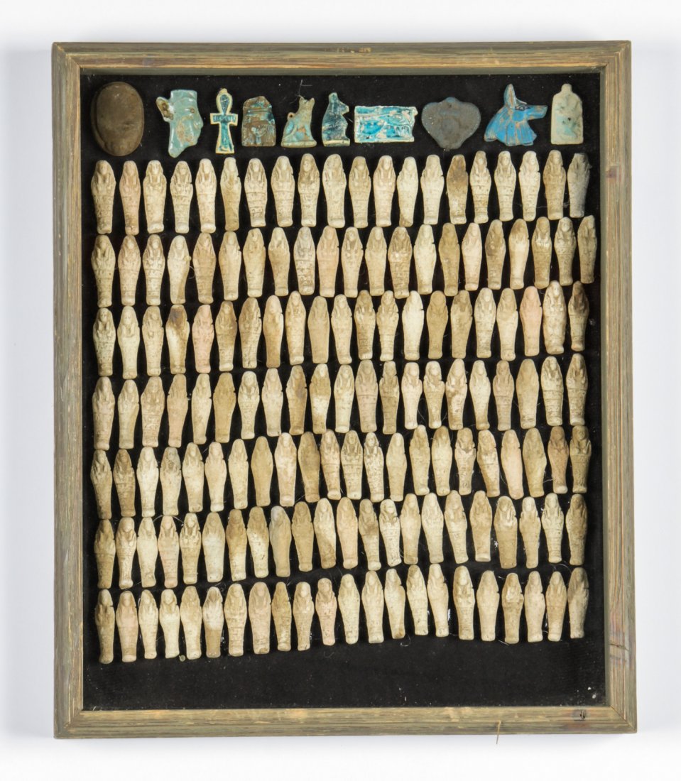 Framed Collection of Ancient Egyptian Ushabti and Other: Framed Collection of Ancient Egyptian Ushabti and Other Tomb Artifacts. New Jersey Estate. Size: 18" x 15", 46 x 38 cm (frame).
