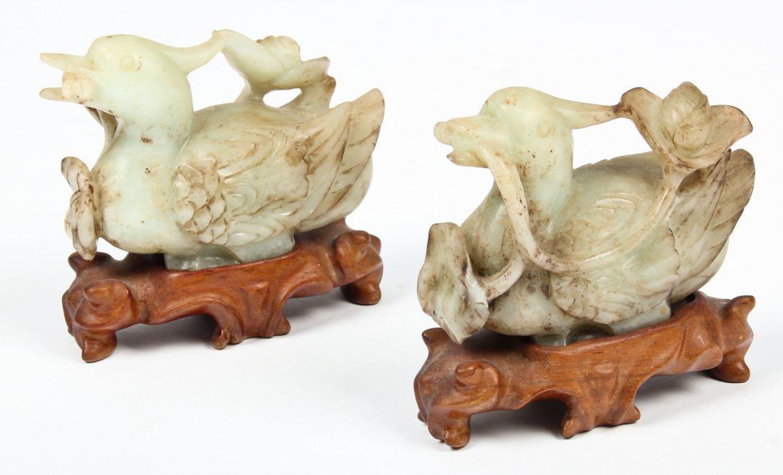 Pair of Antique Chinese Jade Ducks: Pair of Antique Chinese Jade Ducks with carved wooden bases. Size: 4" x 4" x 1.5", 10 x 10 x 4 cm (with base).