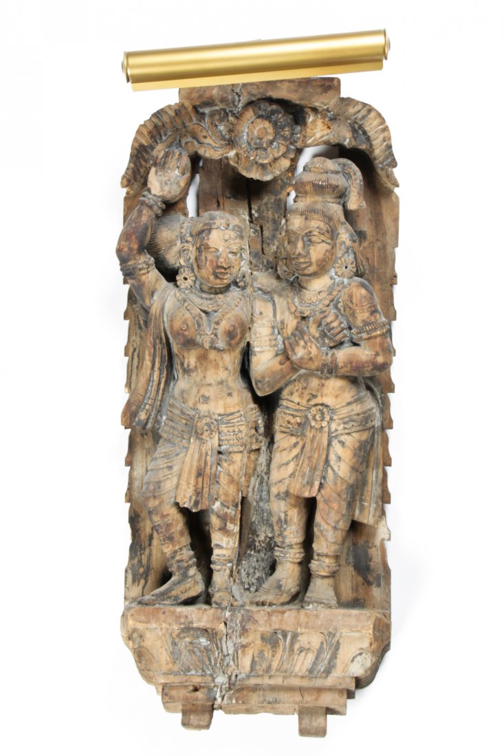 Hindu Deity Relief Carved Corbel: Hindu Deity Relief Carved Corbel. Size: 38" x 15" x 5" (97 x 38 x 13 cm).