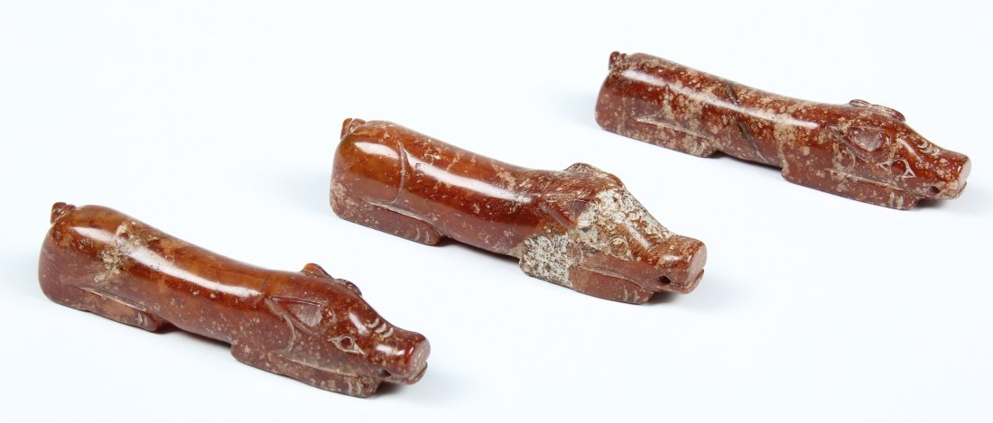 3 Pre Colombian Stone Dog Pendants: 3 Pre Colombian Carved Stone Dog Pendants. Size: 3"L , 8 cm (each).