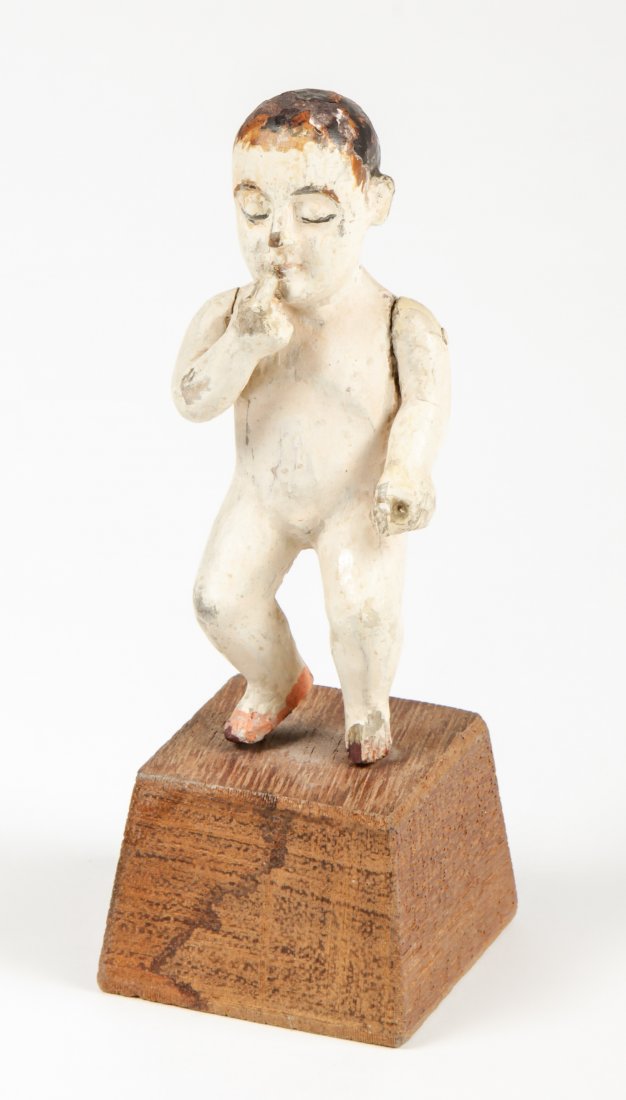 Antique Spanish or Colonial Carved Figure on Stand: Antique Spanish or Colonial Figure on Stand, carved wood and paint. Size: 5" x 2" x 2" (13 x 5 x 5 cm).