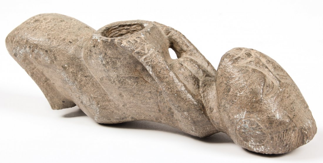 Pre Colombian Figural Stone Pipe: Pre Colombian Figural Stone Pipe. Size: 3" x 9" x 2.5" (8 x 23 x 6 cm).