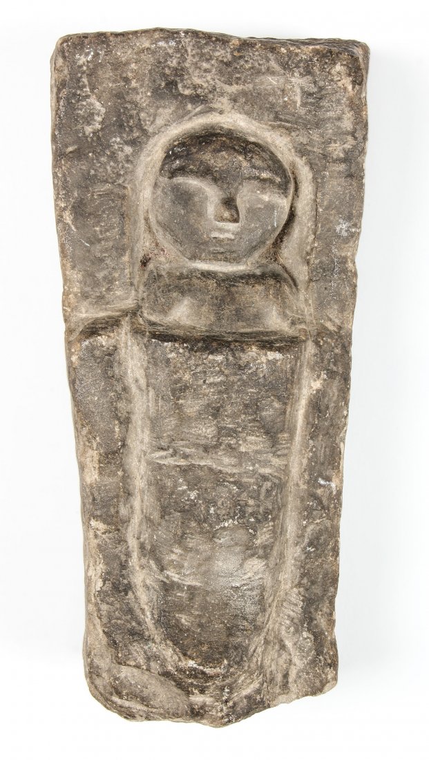 Relief Carved Stone Inuit Papoose: Relief Carved Stone Inuit Papoose. Size: 8" x 3.5" x 2.5" (20 x 9 x 6 cm).