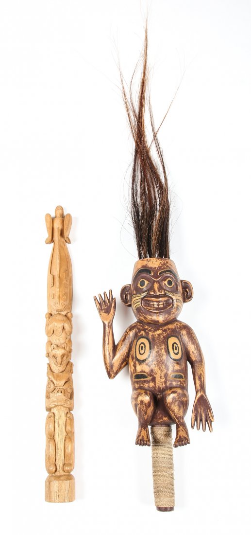 2 Northwest Coast Haida Artifacts: 2 Northwest Coast Haida Artifacts, including a shaman's rattle and small totem. Size: 17" x 1.5" x 1.5", 43 x 4 x 4 cm (largest).