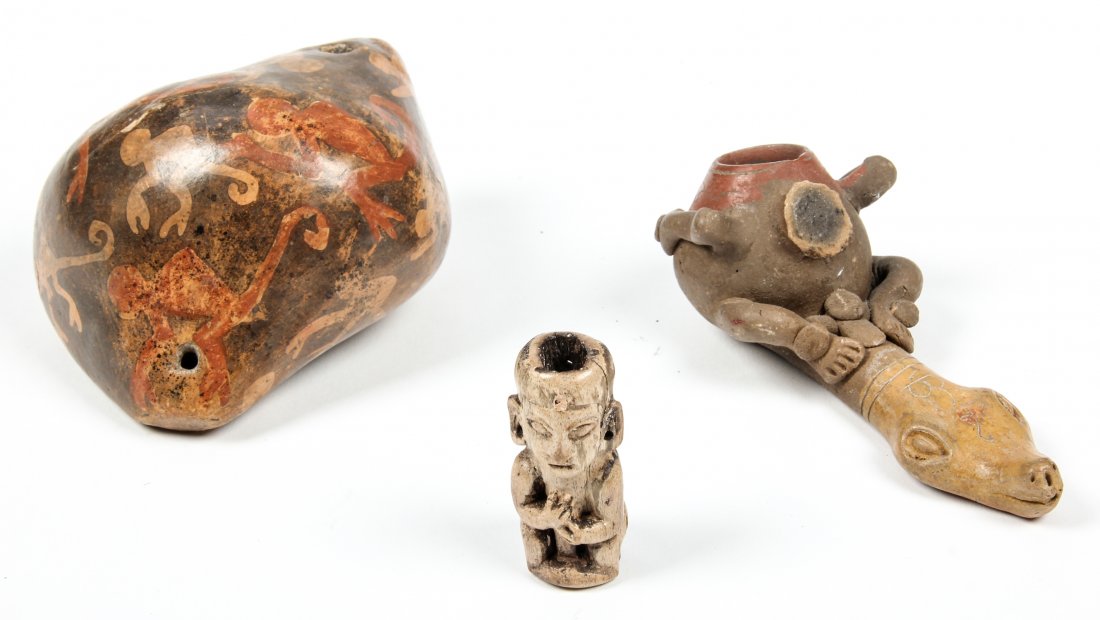3 Pre Colombian Smoking Implements: Group of 3 Pre Colombian Smoking Implements. Ranging in size from 2" x 1" x .75" (5 x 2.5 x 2 cm) to 2.5" x 3.5" x 3.75" (6.5 x 9 x 9.5 cm).