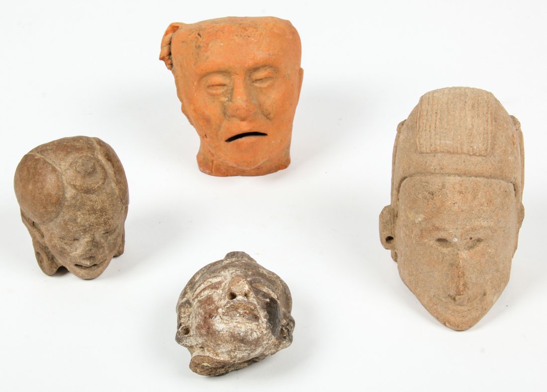 4 Pre Colombian Ceramic Busts: Group of 4 Pre Colombian Artifacts. Ranging in size from 2.75" x 2.25" x 1.75" (7 x 6 x 4.5 cm) to 4.25" x 2.5" x 2.5" (11 x 6 x 6 cm).