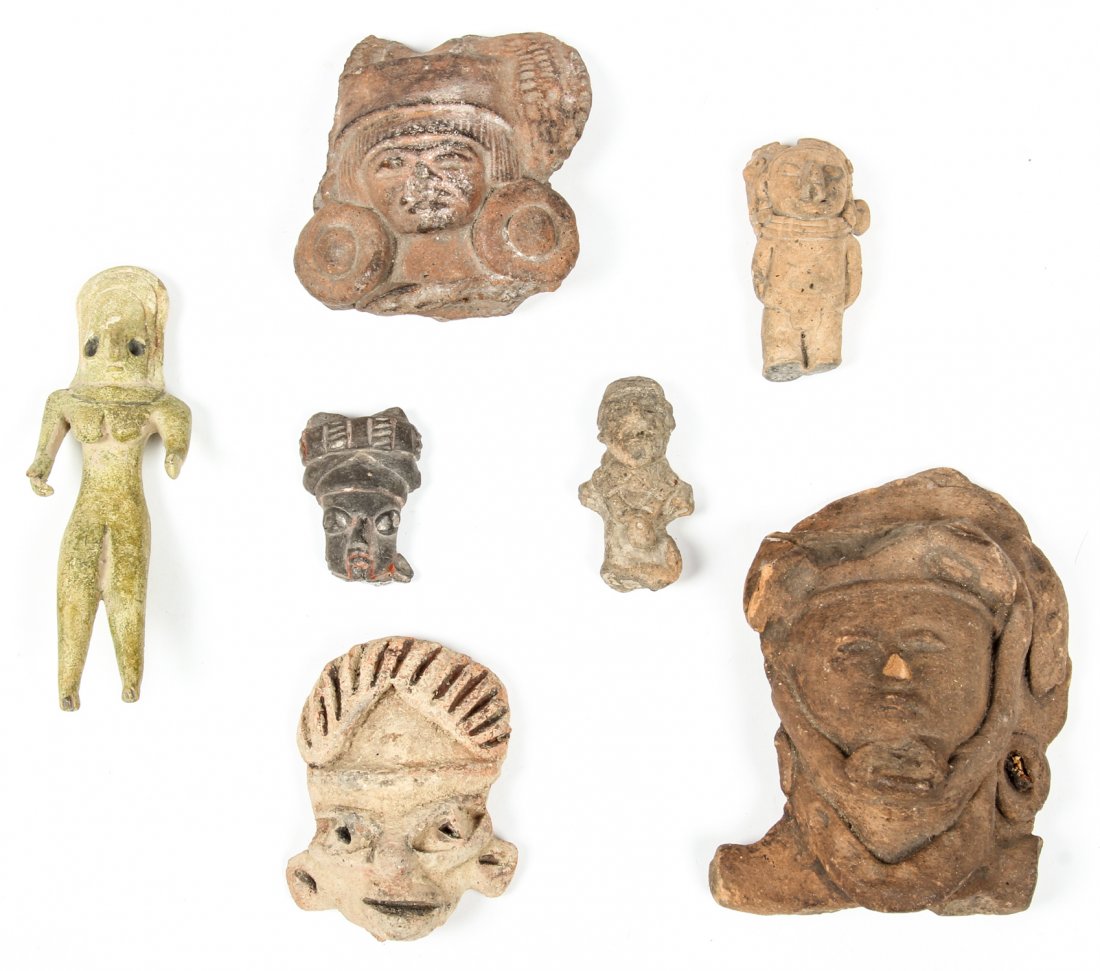 7 Pre Colombian Ceramic Figures: Group of 7 Pre Colombian Artifacts. Ranging in size from 1.75" x 1.25" x .5" (4.5 x 3 x 1 cm) to 4.5" x 3.5" x 2" (11.5 x 9 x 5 cm).