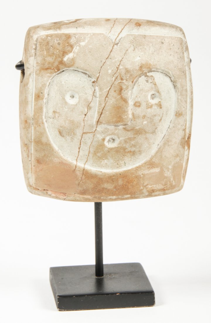 Ethnographic Carved Stone Tile: Ethnographic Carved Stone Tile on stand. Alabaster. Possibly NWC. Size: 4.5" x 1.23" x 2" (12 x 7 x 4 cm).