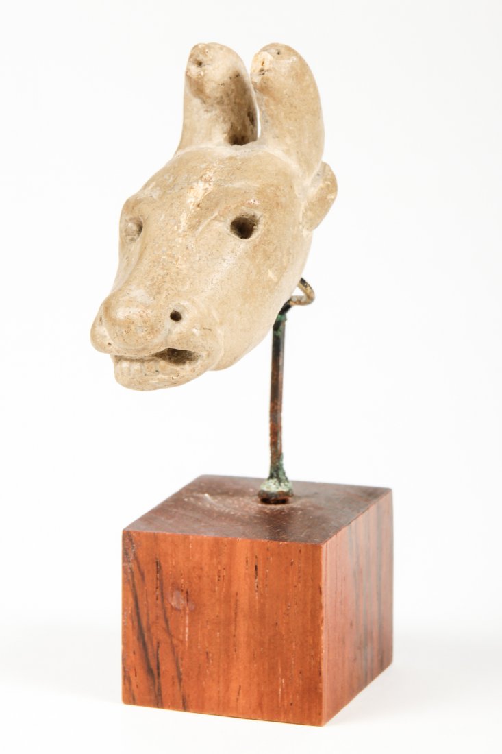 Primitive Earthenware Oxen Head: Primitive Earthenware Oxen Head on stand. Size: 4" x 1.25" x 2" (10 x 3 x 5 cm).