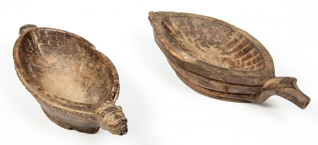 2 Pre Colombian Spouted Bowls: 2 Pre Colombian Spouted Bowls, carved wood. Size: 2.25" x 10" x 4", 6 x 25 x 10 cm (each).