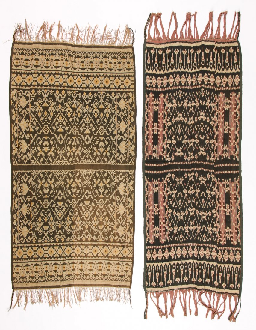 2 Vintage Indonesian Ikats: 2 Vintage Indonesian Ikats. Size: 31" x 62" (79 x 157 cm) and 24" x 63" (61 x 160 cm).