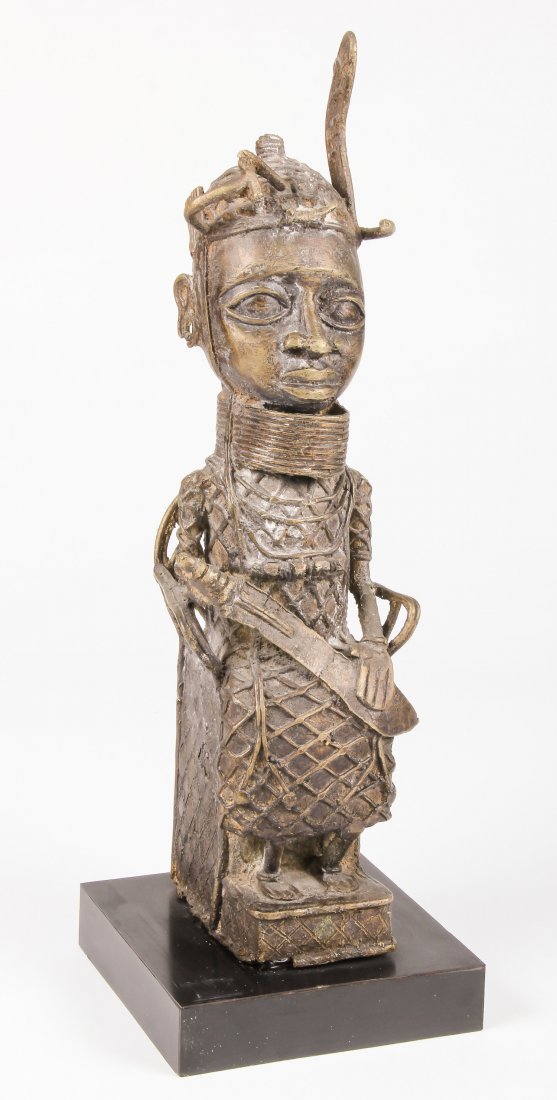 Fine Antique Benin African Bronze Figure: Benin African Bronze Figure. Size: 18" x 6" x 6" (46 x 15 x 15 cm). Philadelphia Estate.
