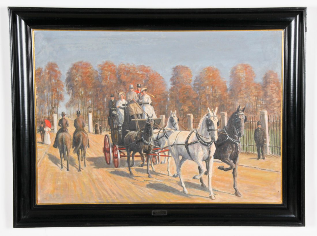 German School (20th c.) Horse Drawn Carriage: German School (20th c.) Horse Drawn Carriage, oil on canvas, attributed to N.E. Breil. Size: 29" x 39.5", 73.5 x 100 cm (stretcher); 34.5" x 46", 87.5 x 117 cm (frame). Provenance: Estate of Eileen Fo