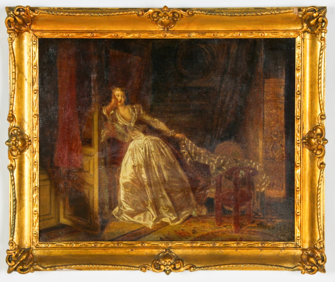 After Fragonard Oil Painting: Attributed to Franz Bollhagen (German, 1881-1971) After Fragonard, oil on canvas, relined. Size: 16" x 20", 41 x 51 cm (stretcher); 19.75" x 23.75", 50 x 60 cm (frame). Provenance: Estate of Eileen Fo