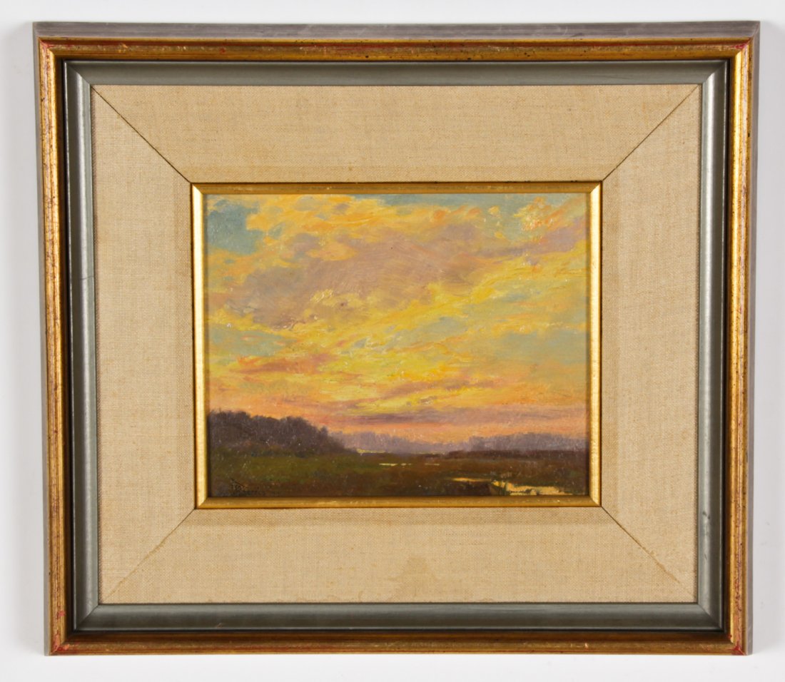 Jean Leon Gerome Ferris (American, 1863-1930): Jean Leon Gerome Ferris (American, 1863-1930) Fishing Creek, oil on board. Size: 7.25" x 9", 18 x 23 cm (board); 14.25" x 16", 36 x 41 cm (frame). Provenance: Newman Galleries, Philadelphia (label on