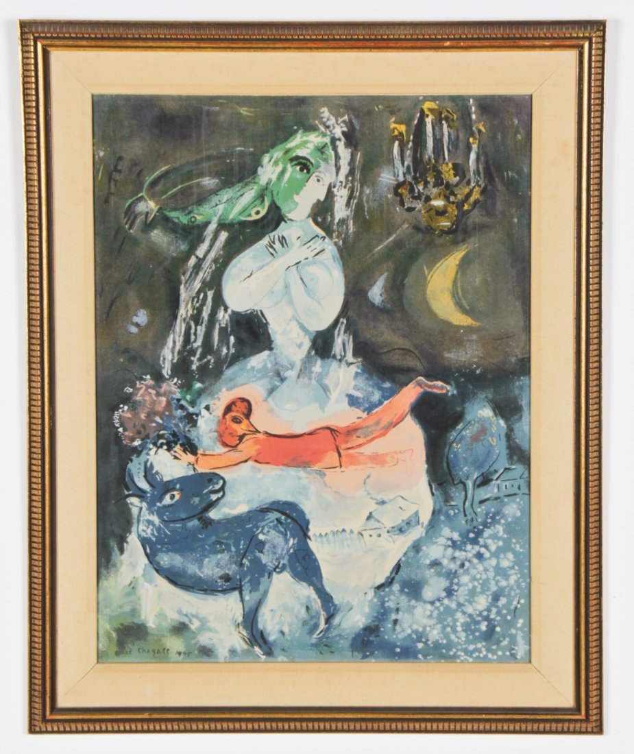 Marc Chagall (French/Russian, 1887-1985): Marc Chagall (French/Russian, 1887-1985) Lithograph, signed and dated in plate, c. 1945. Size: 25.5" x 19.5", 65 x 50 cm (sight); 32" x 26", 81 x 66 cm (frame).