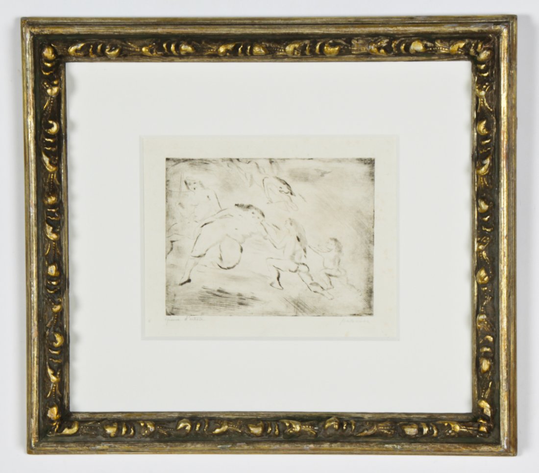 Jules Pascin (French, 1885-1930): Jules Pascin (French, 1885-1930) Venus Et l'amour, c. 1917, soft ground etching. Size: 7.25" x 9.25", 18 x 23 cm (sight); 16" x 18", 41 x 46 cm (frame).