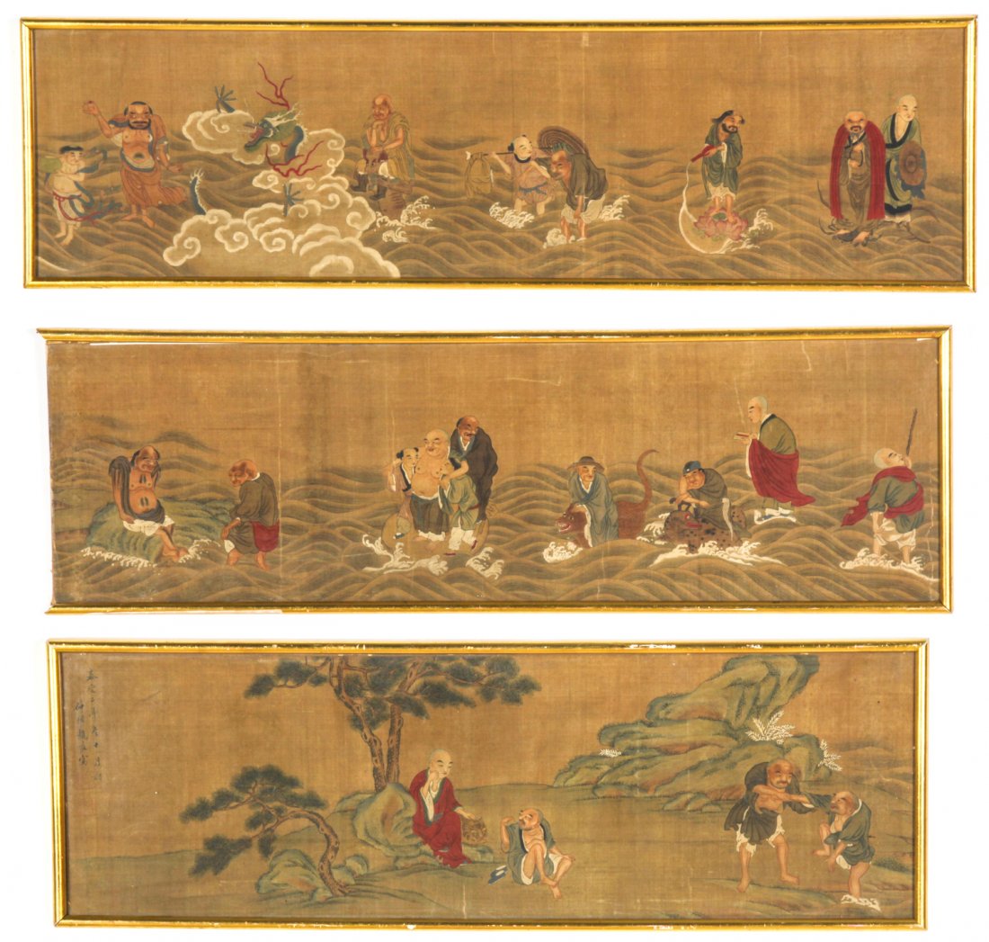 3 Antique Chinese Ink Paintings: 3 Antique Chinese Ink Paintings. Ranging in frame size from 12.5" x 38.5" (32 x 97 cm) to 12.5" x 44" (32 x 112 cm). Provenance: Estate of Eileen Ford, Tewksbury, New Jersey.