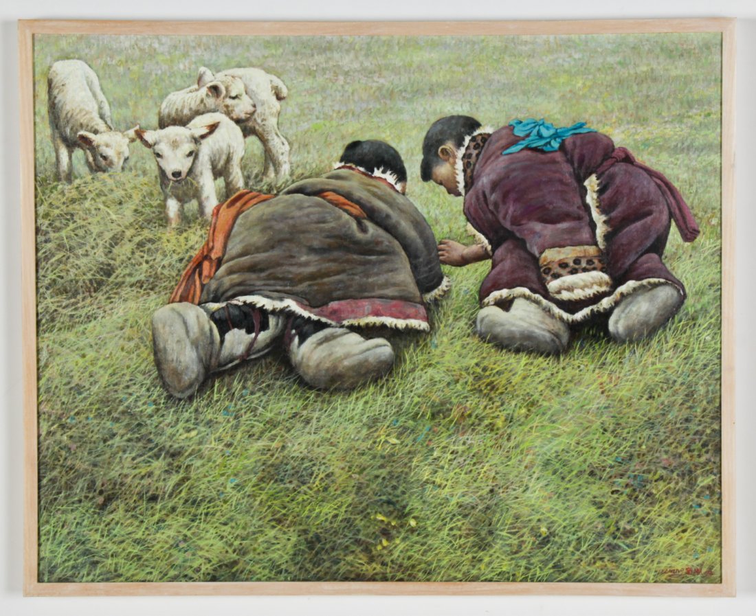 Zong Zhou Wang (Chinese, b. 1946) Oil Painting: Zong Zhou Wang (Chinese, b. 1946) Children at Play, 1993, Oil Painting on Linen. Size: 25" x 31", 64 x 79 cm (stretcher); 25.75" x 31.75", 65 x 81 cm (frame).