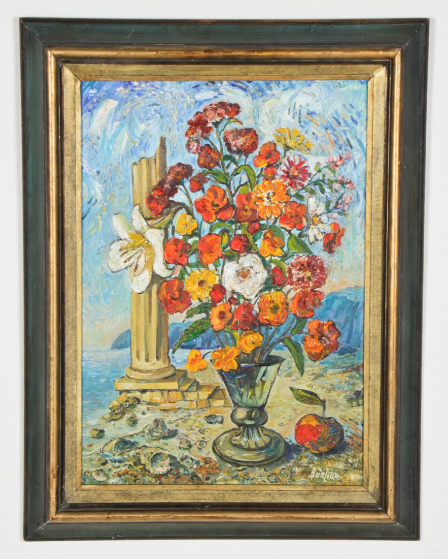 David Burliuk (Russian/American, 1882-1967) Still Life: David Burliuk (Russian/American, 1882-1967) Still Life with Flowers on the Beach, oil on wood panel, signed lower right. Size: 23" x 16", 58 x 41 cm (sight); 29.75" x 22.75", 76 x 58 cm (frame).