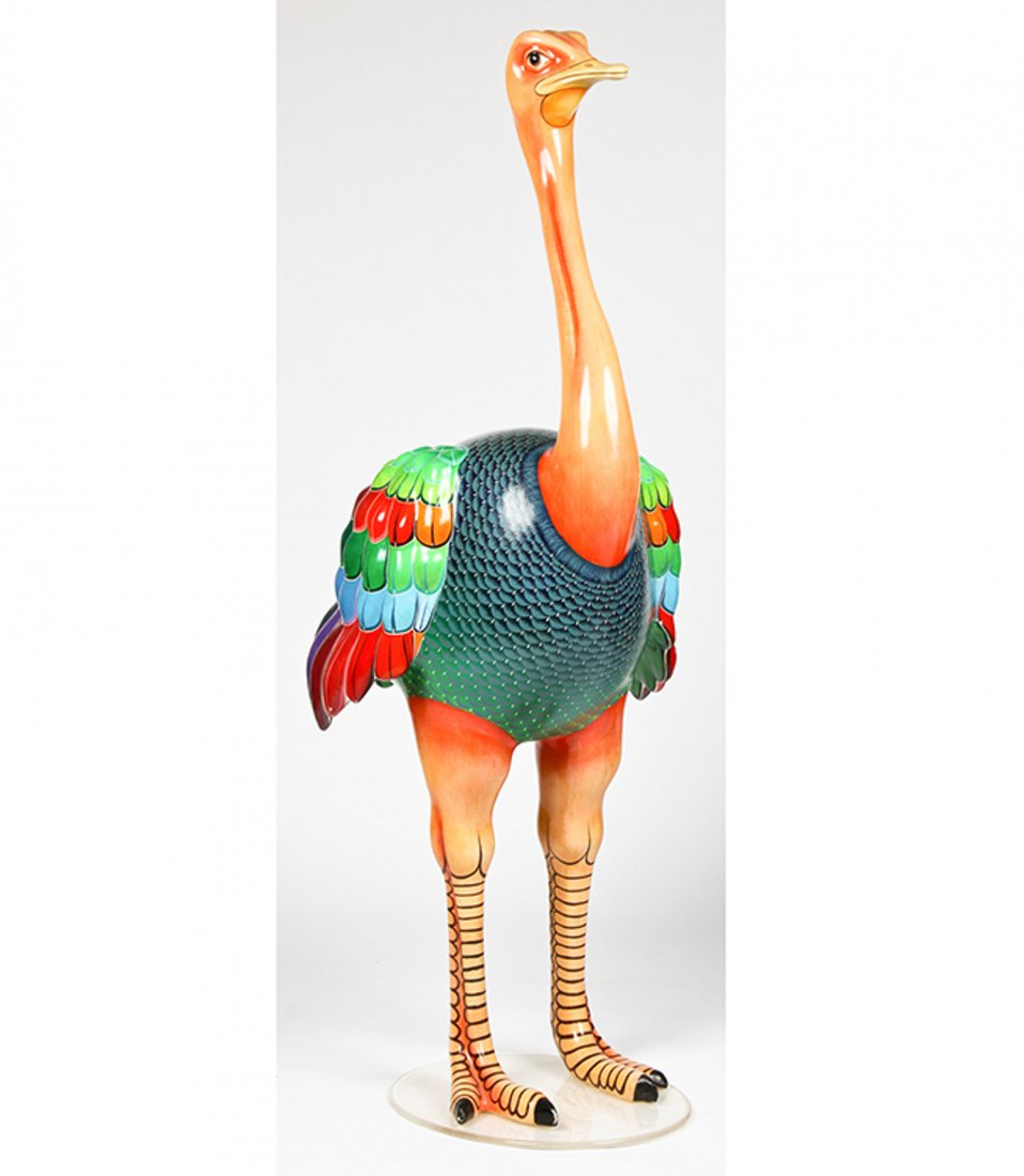 Sergio Bustamante (Mexican, b. 1942) Ostrich: Sergio Bustamante (Mexican, b. 1942) ostrich (life-size), polychrome papier-mache with acrylic base. Numbered 15 of an edition of 100. Size: 77" x 39" x 25" (196 x 100 x 64 cm).