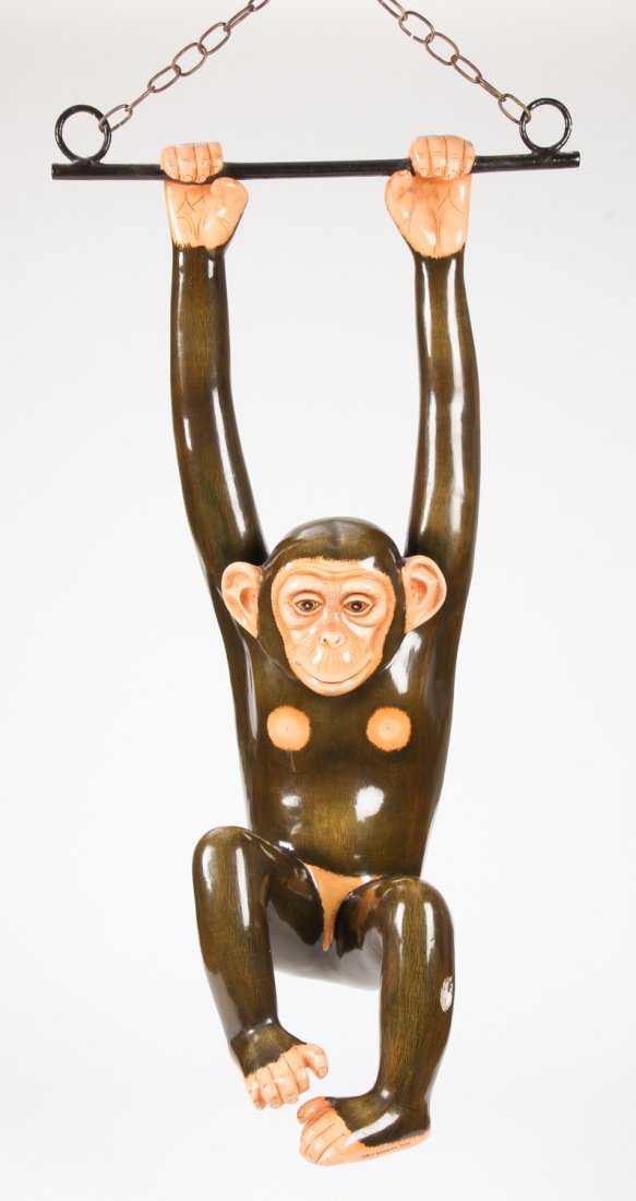 Sergio Bustamante (Mexican, b. 1942) Monkey: Sergio Bustamante (Mexican, b. 1942) Hanging Monkey (life-size), polychrome papier-mache and metal, numbered 93 from an edition of 100. Size: 42" x 13" x 14" (107 x 33 x 36 cm).