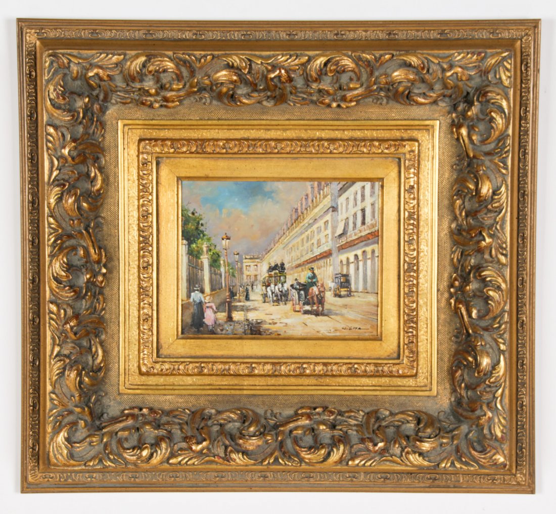 European School (20th c.) Painting: European School (20th c.) Oil Painting, depicting a continental street scene. Size: 8" x 10", 20 x 25 cm (board); 22" x 24", 56 x 61 cm (frame).