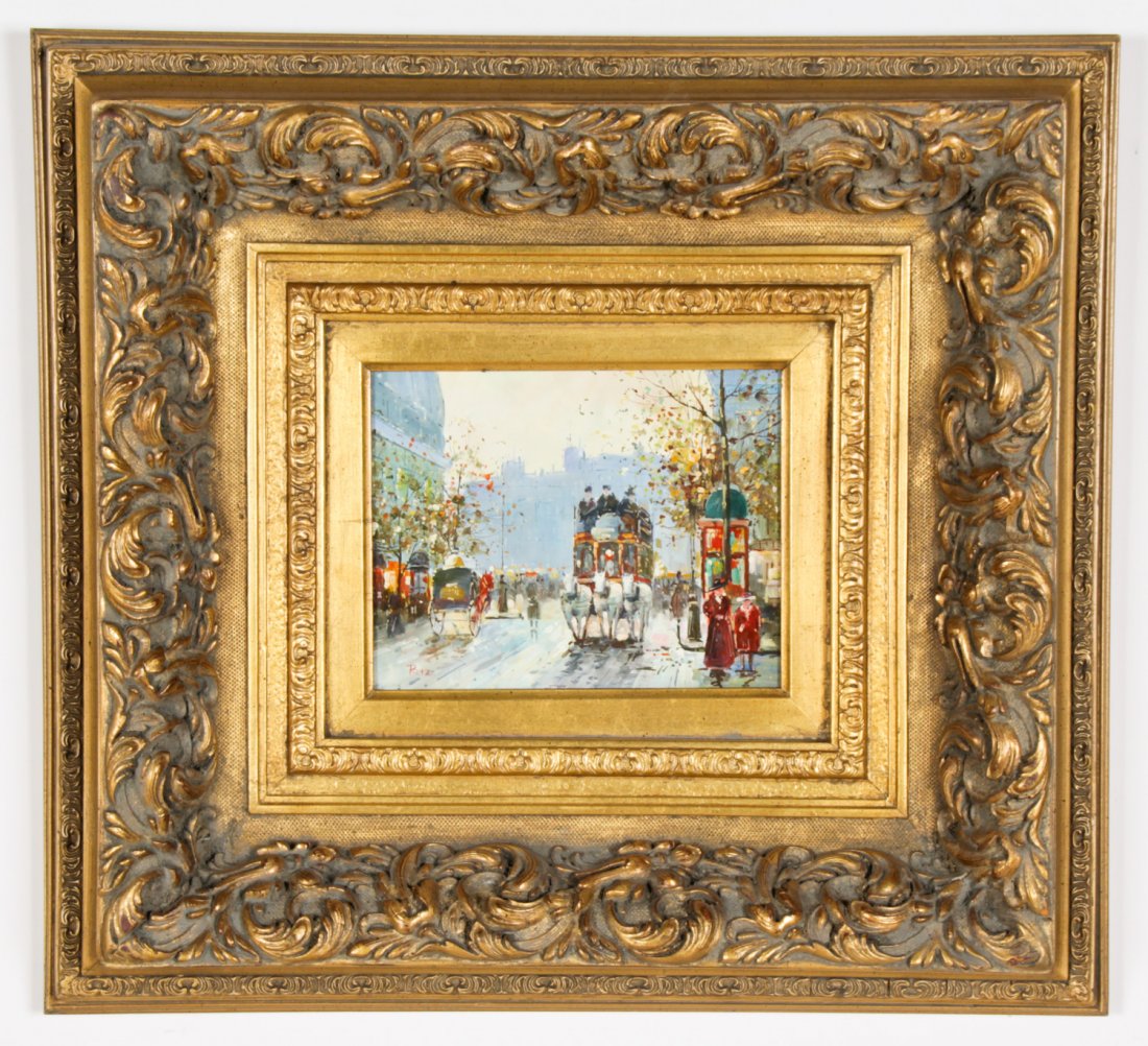 European School (20th c.) Oil Painting: European School (20th c.) Oil Painting, depicting a continental street scene. Size: 8" x 10", 20 x 25 cm (board); 22" x 24", 56 x 61 cm (frame).