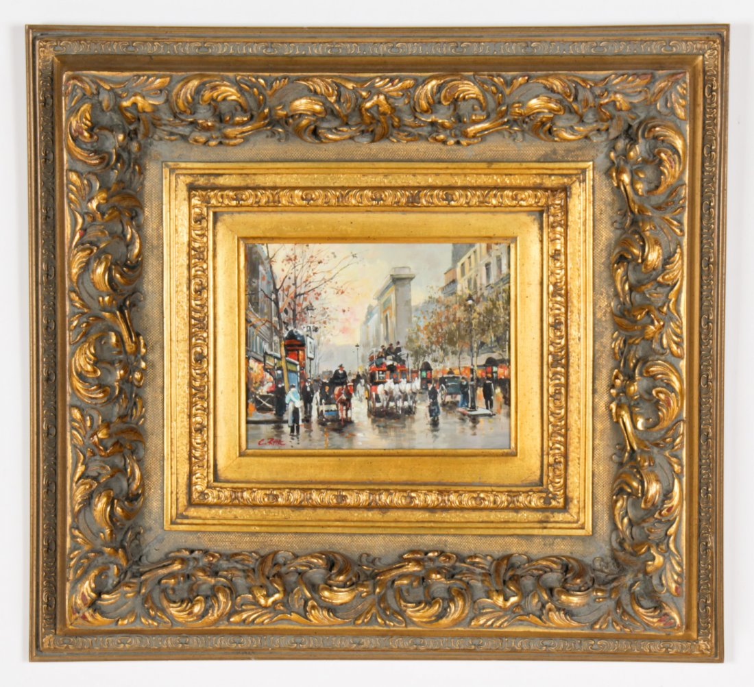 European School (20th c.) Oil Painting: European School (20th c.) Oil Painting, depicting a continental street scene. Size: 8" x 10", 20 x 25 cm (board); 22" x 24", 56 x 61 cm (frame).