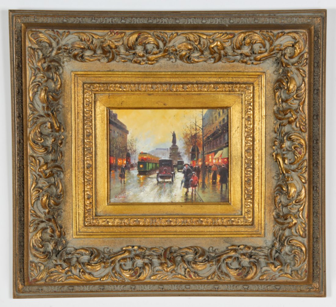 European School (20th c.) Oil Painting: European School (20th c.) Oil Painting, depicting a continental street scene. Size: 8" x 10", 20 x 25 cm (board); 22" x 24", 56 x 61 cm (frame).