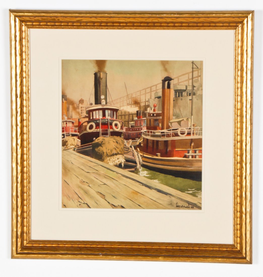 Carleton F. McCutcheon (American, 20th c.): Carleton F. McCutcheon (American, 20th c.) Tugboat at the Dock, 1940, watercolor painting. Size: 15.75" x 14.75", 40 x 37 cm (sight); 26.25" x 25.5", 67 x 65 cm (frame).
