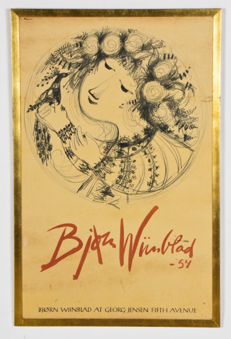 Bjorn Winblad Poster: Vintage Poster: Bjorn Winblad at Georg Jensen Fifth Avenue, 54, lithograph. Size: 38.5" x 24.5", 98 x 62 cm (sight); 40.5" x 26.5", 103 x 67 cm (frame). Provenance: Estate of Eileen Ford, Tewksbury, N
