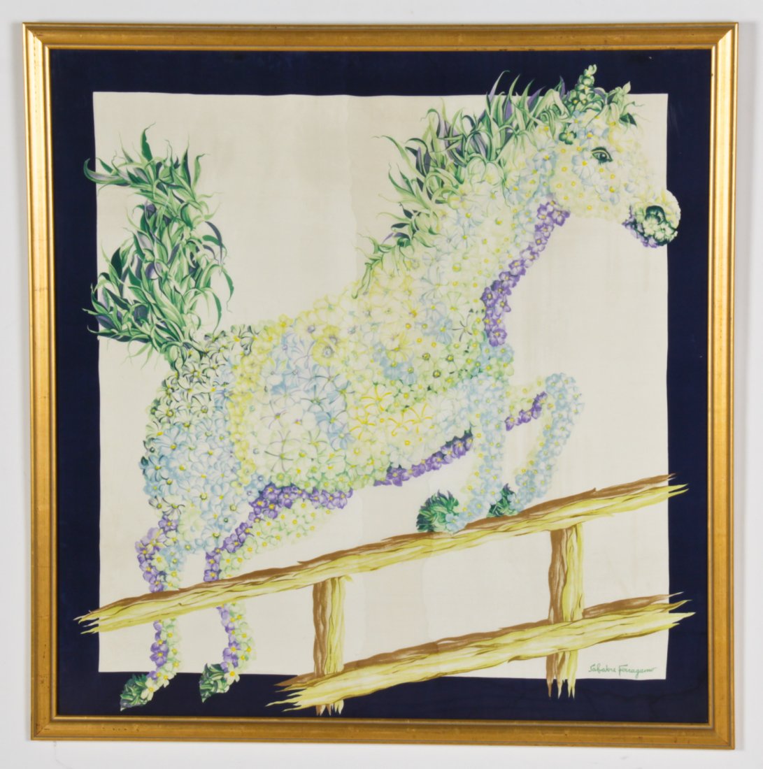 Ferragamo Framed Scarf: Ferragamo Framed Scarf. Size: 34.5" x 33.75", 88 x 86 cm (sight); 37.25" x 36.5", 95 x 93 cm (frame). Provenance: Estate of Eileen Ford, Tewksbury, New Jersey.