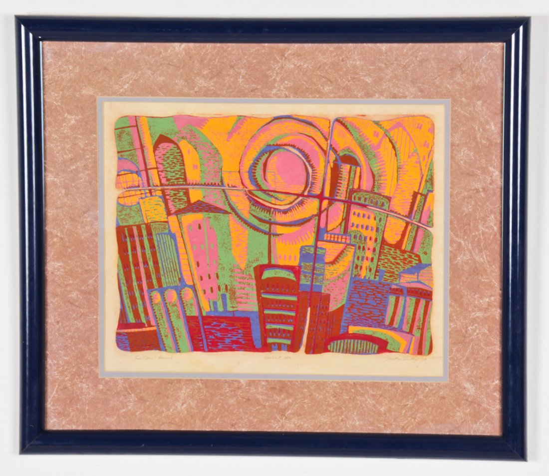 Martha Bentley (American, 20th c.): Martha Bentley (American, 20th c.) Two Cities -Hebrews II, 1974, woodcut print, from an edition of 10. Size: 13.5" x 17", 34 x 43 cm (sight); 22" x 25.25", 56 x 64 cm (frame).
